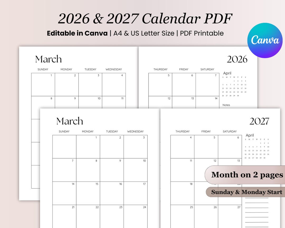 2026 2027 Calendar Printable: Editable Monthly Planner Digital Download ...