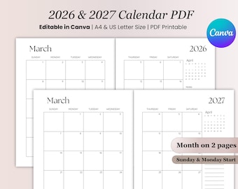 2026 2027 Calendar Printable: Editable Monthly Planner Digital Download