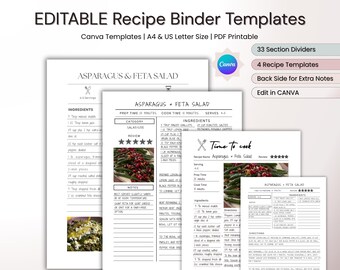 EDITABLE Recipe Binder for Printed Recipes Template Cookbook Organizer PDF (Digital Download)