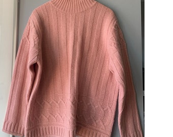 Vintage y2k Pink Striped Ribbed Mock Neck Turtle Neck 100% Wool Sweater XL
