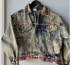 Vintage 80s 90s Palmetto's Acid Wash Denim Jean Jacket Kids Medium 10-12