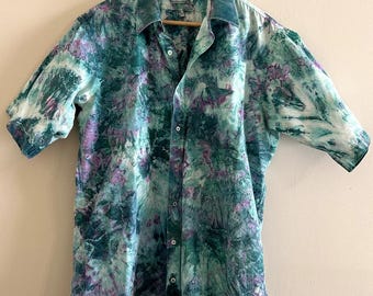 Camisa vintage de fiesta de Mardi Gras para hombre, de los años 80 y 90, verde, morado y blanco, con efecto tie-dye, talla XXL y 2XL