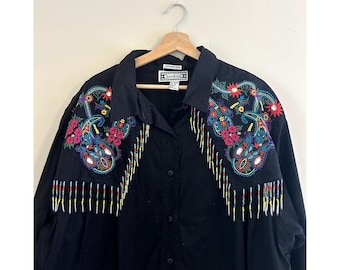Camisa vaquera estilo western vintage de los 90, negra, con bordados y cuentas, talla 3X para mujer.