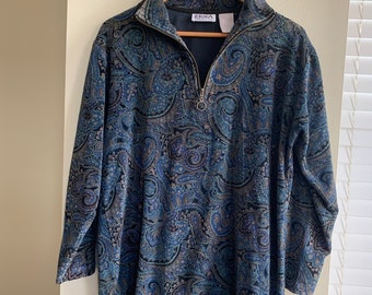 Vintage 80s Blue Paisley Abstract Velour Half-zip Long-sleeve Shirt Medium