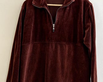 Camisa vintage de manga larga con media cremallera de terciopelo marrón disco de los años 80 y 90 (talla grande para mujer y talla mediana para hombre)