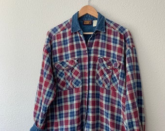 Vintage 90s Faded Glory Dad Denim Jean Collar Red Plaid Button-up Shirt Large