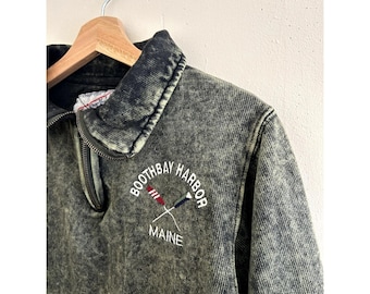 Vintage style Acid Wash Boothbay Harbor Maine Embroidered Quarterzip Sweatshirt