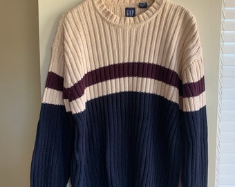 Vintage y2k Gap Cream Navy Blue Ribbed Pullover Cotton Sweater Mens Large