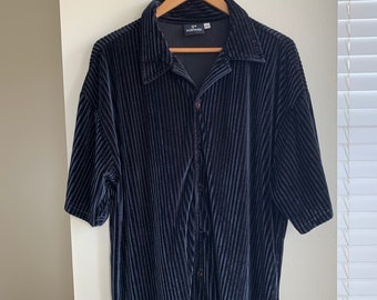 Vintage y2k Black Striped Textured Short-sleeve Velour Button-up Shirt Men's XL