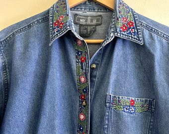 Vintage 90s y2k Floral Flower Embroidered Denim Jean Button-up Shirt Medium