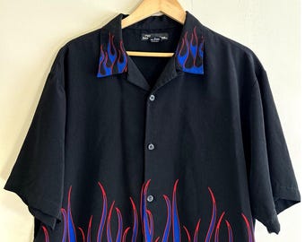 Vintage y2k No Boundaries Blue Black Flames Dragonfly Camp Collar Shirt Large