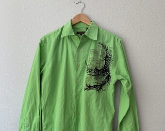 Vintage Lime Green y2k Embellished Felt Striped Longsleeve Button-up Shirt Small