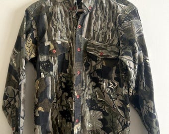 Camisa de manga larga con botones estilo western de camuflaje vintage para hombre, talla pequeña