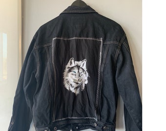 Vintage Embroidered Wolf Black Button-up Denim Jacket Jean Jacket Womens Large