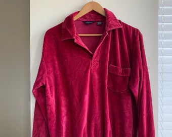 Vintage 80s Red Pink Velour Pullover Rugby Henley Collar Long-sleeve Shirt