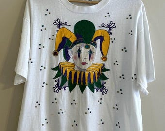 Camiseta vintage de los 90 con diseño de bufón de la corte del Mardi Gras de Nueva Orleans, talla XL para hombre.