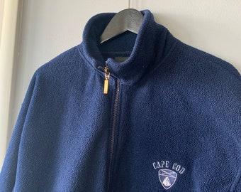 Vintage Navy Blue Embroidered Cape Cod Full-zip Fleece Sweater Mens Medium