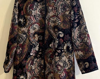 Black Tan Earth-toned Long Abstract Wearable Art Tapestry Jacket Women's Large