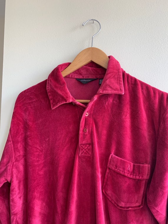 Vintage 80s Red Pink Velour Pullover Rugby Henley… - image 3