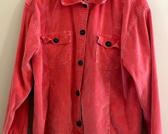 Vintage 80s Hot Pink Corduroy Button Shacket Faux Fur Collar Sleeves Women's XL