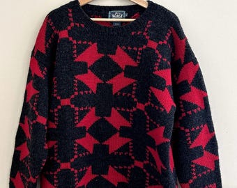 Vintage 90s Woolrich Red Black Abstract 100% Wool Pullover Sweater Men's Medium