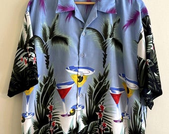 Vintage 90s y2k Blue Green Sunset Martini Hawaiian Luau Party Shirt Men's XL