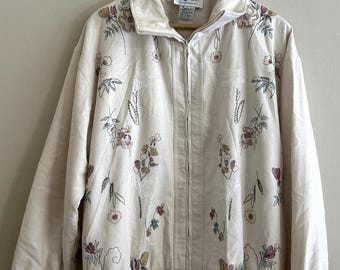 Chaqueta bomber vintage de seda con estampado floral abstracto de los años 80 para mujer, talla XL