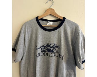 Camiseta vintage gris de los Panthers de Middlebury College de los años 90, con cuello redondo, para hombre, talla mediana