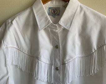 Vintage 90s White Western Disco Cowboy Pearl-snap Button Shirt Fringe Men's XL