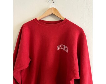 Sudadera vintage de los años 90 con cuello redondo de tejido inverso de Champion con bordado de la Universidad de Wisconsin