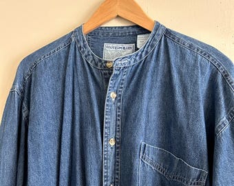 Camisa vaquera oscura vintage Y2K de los años 90 con cuello mandarín para hombre XL