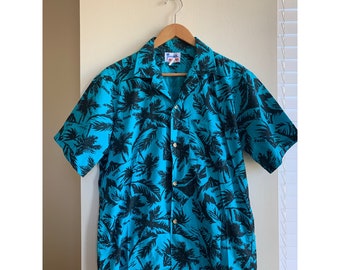 Vintage Aqua Blue Black Hawaiian Aloha Luau Party Short-sleeve Shirt Men's Small