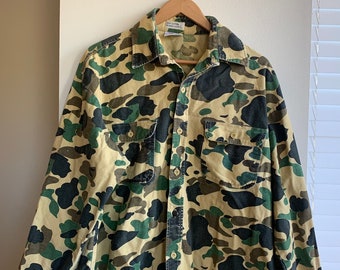 Vintage Duck Camouflage Army Hunting Button-up Cotton Field Jacket Men's Large