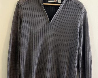 Suéter vintage Y2K gris acanalado con cremallera de un cuarto y parches en los codos para hombre talla pequeña