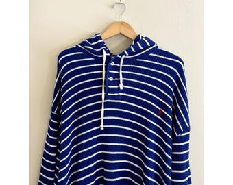 Vintage Polo Ralph Lauren Blue White Striped Waffle-knit Thermal Hoodie Mens 2XB