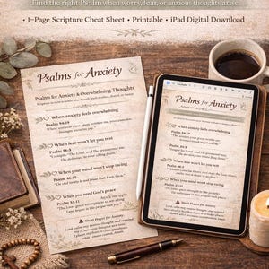 May include: A digital download titled "Psalms for Anxiety" with a cheat sheet and iPad display. The image includes a cup of coffee, a candle, a pen, and a rosary. The text offers scripture for worry and fear.