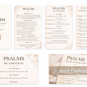 May include: A collection of cream-colored cards and a booklet titled "Psalms: A Simple Cheat Sheet." The cards provide information on Psalms, including major themes and how to use them daily. The phrase "Instant Download" is visible.