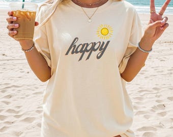 Happy T-Shirt, 70's Style, Boho Summer Shirt for Women, Cute Sunshine Top, Summer Vacation, Beach Trip Shirt, Motivational, Positivity Shirt
