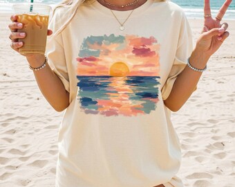 Retro Sunset Shirt, Boho Summer Shirt for Women, Cute Sunrise Top, Summer Vacation, Trendy Beach Shirt, Ocean Graphic Tee, Travel Shirt