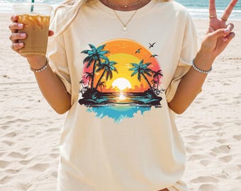 Retro Sunset Shirt, Boho Summer Shirt for Women, Cute Sunshine Top, Summer Vacation, Trendy Beach Shirt, Ocean Graphic Tee, Travel Shirt