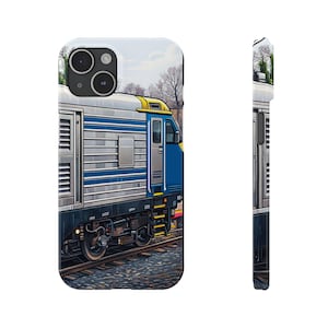 May include: A phone case featuring a detailed illustration of a blue, silver, and yellow train engine on tracks. The case has a glossy finish and wraps around the phone, with a side view showing the design continues around the edges.