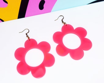 Neon Pink Daisy Statement Earrings