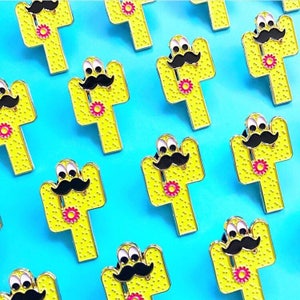 Cactus Enamel Pin with a Moustache & Googly Eyes In Cognito Enamel Pin Cacti Enamel Pin Badge Kawaii Pins Funny Enamel Pin image 1