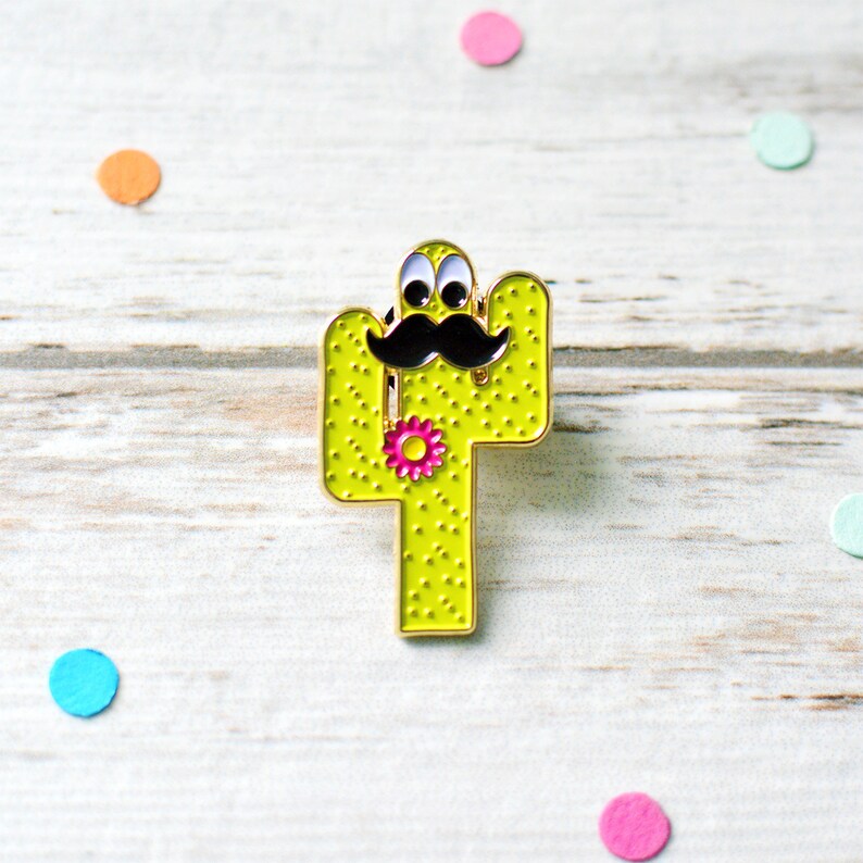 Cactus Enamel Pin with a Moustache & Googly Eyes In Cognito Enamel Pin Cacti Enamel Pin Badge Kawaii Pins Funny Enamel Pin image 2