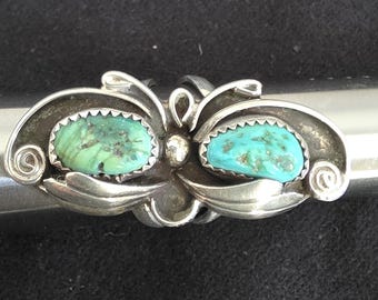 Vintage Southwestern Double Stone Turquoise Ring Size 7 | Silver Leaf Motif Statement Ring | Long 1 5/8" Split Shank Ring | Sawtooth Bezel.