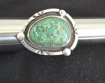 Vintage Southwestern-Style Sterling Silver Ring Size 9 | Turquoise Stone Statement Ring (not professionally certified) Stamped Band 1-Inch.