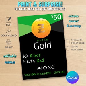 May include: Printable Razer Gold gift card template with a green, black, and gold design. The card features the Razer Gold logo, the text "$50", and the words "Print & Surprise!" and "Printable Razer Gold Gift Card Template". The card is editable.
