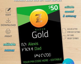 Plantilla de tarjeta de regalo Razer Gold • Diseño imprimible en Canva • Regalo para gamers editable • Descarga instantánea • 5x7