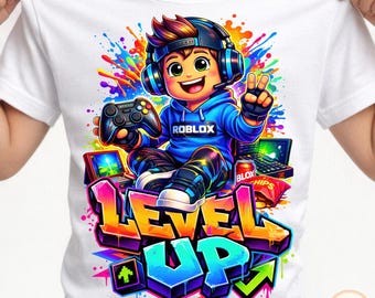 Diseño de camiseta PNG para gamers de Roblox • Camiseta infantil "Level Up" • PNG listo para imprimir (descarga digital)