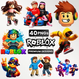 以下が含まれることがあります： 様々なキャラクターとロゴが描かれた、Robloxをテーマにしたデジタルデザインのコレクション。画像には、複数の漫画のアバター、車、そして「40 PNGs」と「Premium Designs」の文字が入ったRobloxのロゴが含まれています。